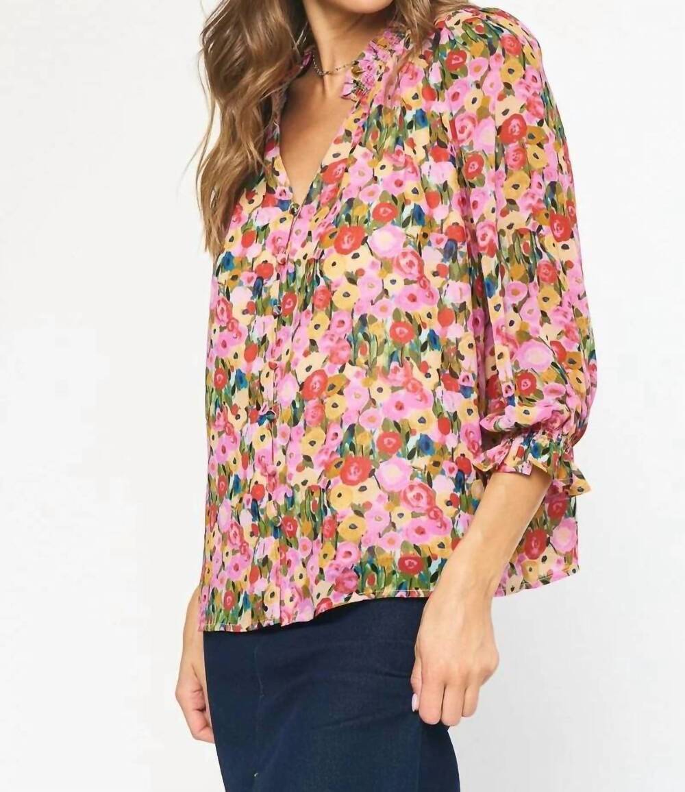 NEW ENTRO liza button down floral print top in berry